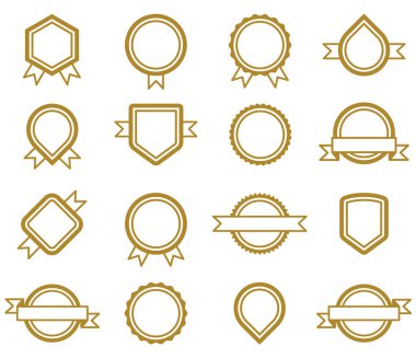 Beyaz arkaplanda boş geometrik amblemler, etiketler, çıkartmalar ve rozetler. Vektör simgesi ayarlandı.