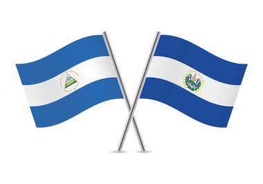 Nikaragua Cumhuriyeti ve El Salvador bayrakları aştı. Beyaz arka planda Nikaragua ve Salvador bayrakları. Vektör simgesi ayarlandı. Vektör illüstrasyonu.