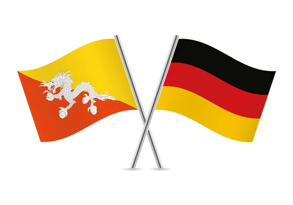 Королівство Бутан Німеччина Перетнули Прапори Бутанський Німецький Прапори Білому Тлі — стоковий вектор
