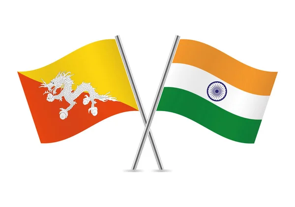 Reino Bután India Cruzaron Banderas Banderas Butanesas Indias Sobre Fondo — Vector de stock