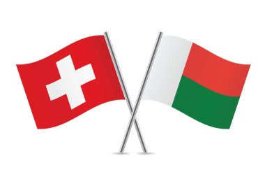 İsviçre ve Madagaskar bayrakları aştı. Beyaz arka planda İsviçre ve Malagasy bayrakları var. Vektör simgesi ayarlandı. Vektör illüstrasyonu. 