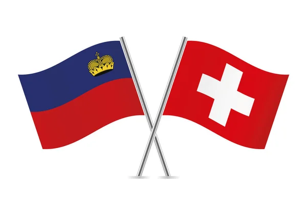 Liechtenstein Suiza Cruzaron Banderas Principado Liechtenstein Banderas Suizas Sobre Fondo — Vector de stock