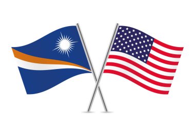 Marshall Adaları ve Amerika bayrakları aştı. Beyaz arka planda Marshallese ve Amerikan bayrakları. Vektör simgesi ayarlandı. Vektör illüstrasyonu.