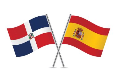 Dominik Cumhuriyeti ve İspanya bayrakları aştı. Beyaz arka planda Dominik ve İspanyol bayrakları. Vektör simgesi ayarlandı. Vektör illüstrasyonu.