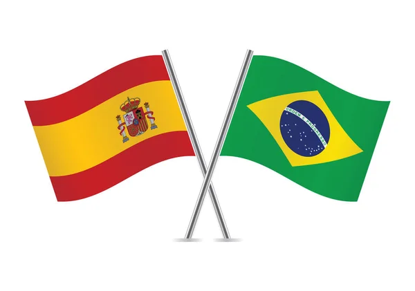 España Brasil Cruzaron Banderas Banderas Españolas Brasileñas Sobre Fondo Blanco — Vector de stock