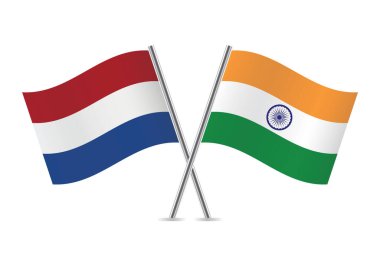 Hollanda ve Hindistan bayrakları aştı. Beyaz arka planda Hollanda ve Hint bayrakları. Vektör simgesi ayarlandı. Vektör illüstrasyonu.