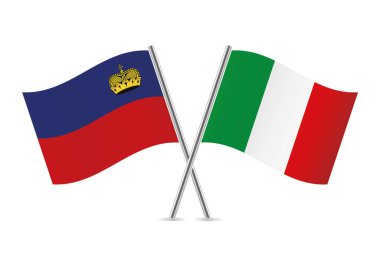 Lihtenştayn ve İtalya bayrakları aştı. Beyaz arka planda Liechtenstein Prensliği ve İtalyan bayrakları. Vektör simgesi ayarlandı. Vektör illüstrasyonu. 