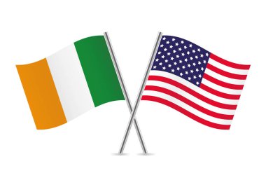 İrlanda ve Amerika bayrakları aştı. Beyaz arka planda İrlanda ve Amerikan bayrakları. Vektör simgesi ayarlandı. Vektör illüstrasyonu.