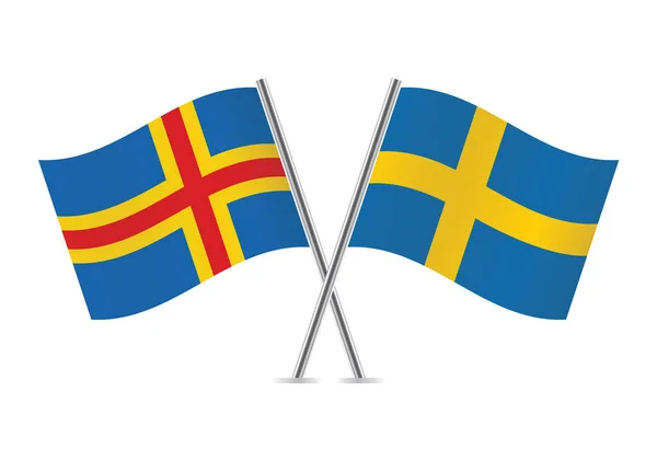 Aland Islands Sweden Crossed Flags Aland Swedish Flags White Background — Stock Vector