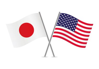 Japonya ve Amerika. Beyaz arka planda Japon ve Amerikan bayrakları. Vektör simgesi ayarlandı. Vektör illüstrasyonu.