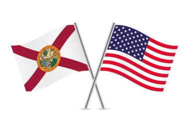 Florida eyaleti ve Amerika bayrakları aştı. Beyaz arka planda Floridalı ve Amerikan bayrakları. Vektör simgesi ayarlandı. Vektör illüstrasyonu.