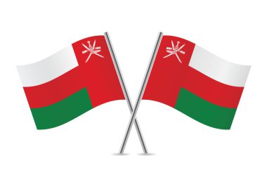 Umman bayrakları aştı. Beyaz arka planda Umman bayrakları var. Vektör simgesi ayarlandı. Vektör illüstrasyonu.