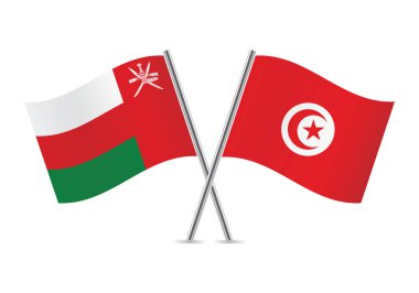 Umman ve Tunus bayrakları aştı. Beyaz arka planda Omani ve Tunus bayrakları. Vektör simgesi ayarlandı. Vektör illüstrasyonu.