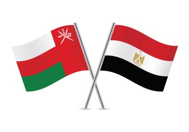 Umman ve Mısır bayrakları aştı. Beyaz arka planda Omani ve Mısır bayrakları. Vektör simgesi ayarlandı. Vektör illüstrasyonu.