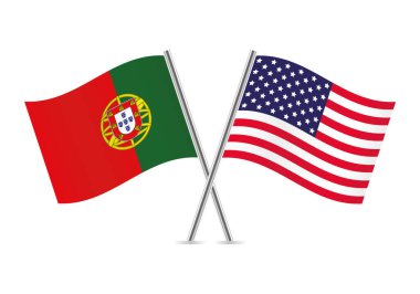 Portekiz ve Amerika bayrakları aştı. Beyaz arka planda Portekiz ve Amerikan bayrakları. Vektör simgesi ayarlandı. Vektör illüstrasyonu.