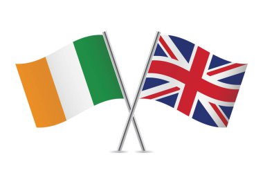 İrlanda ve Büyük Britanya bayrakları aştı. Beyaz arka planda İrlanda ve İngiliz bayrakları. Vektör simgesi ayarlandı. Vektör illüstrasyonu.