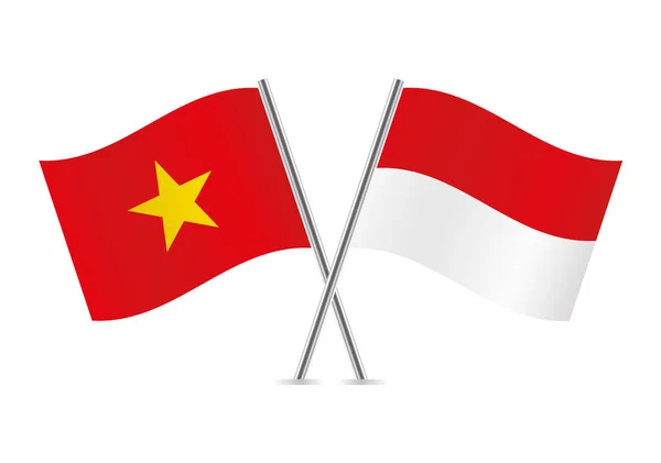 ベトナムとインドネシアは国旗を交えた ベトナムとインドネシアの国旗が白地に描かれている ベクトルアイコンセット ベクターイラスト — ストックベクタ