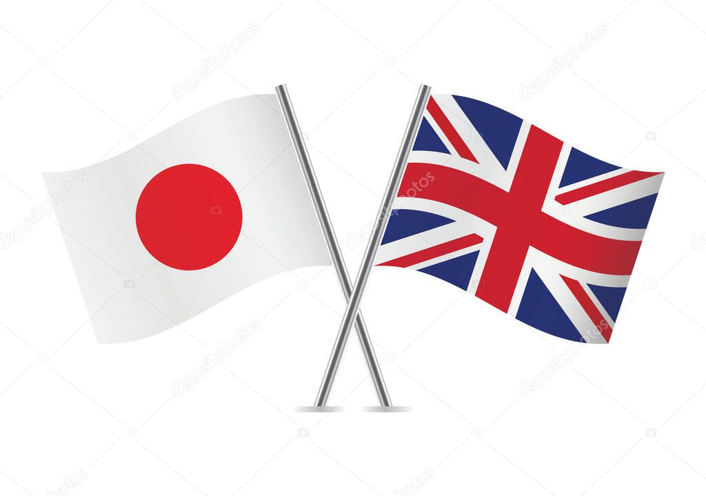 Japan and Great Britain crossed flags. Japanese and British flags on white background. Vector icon set. Vector illustration.