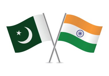 Pakistan ve Hindistan bayrakları aştı. Beyaz arka planda Pakistan ve Hindistan bayrakları. Vektör illüstrasyonu.