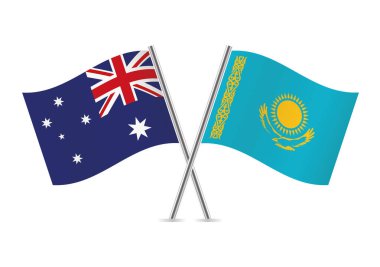 Avustralya ve Kazakistan bayrakları aştı. Avustralya ve Kazak bayrakları beyaz arka planda. Vektör simgesi ayarlandı. Vektör illüstrasyonu. 