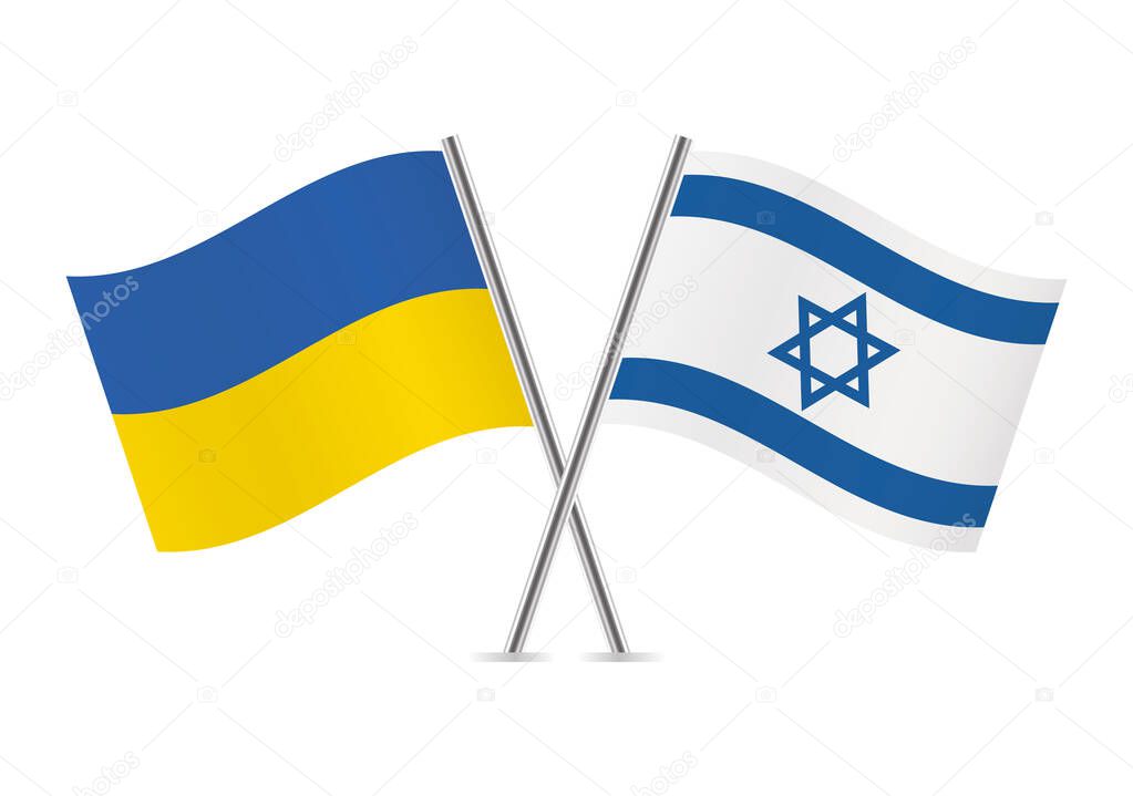 Ukraine and Israel crossed flags. Ukrainian and Israeli flags on white background. Vector illustration.