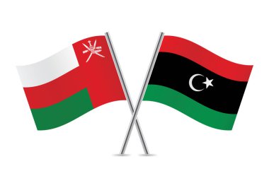 Umman ve Libya bayrakları aştı. Beyaz arka planda Omani ve Libya bayrakları var. Vektör simgesi ayarlandı. Vektör illüstrasyonu.