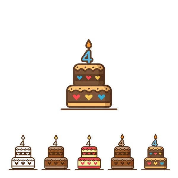 2階建ての誕生日ケーキ キャンドルナンバー4 のカラフルなアイコン ベクターイラスト — ストックベクタ