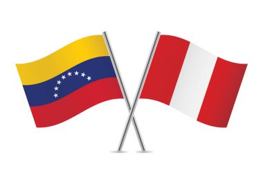Venezuela ve Peru bayrakları aştı. Beyaz arka planda Venezuela ve Peru bayrakları. Vektör simgesi ayarlandı. Vektör illüstrasyonu.
