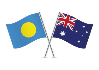 Palau ve Avustralya bayrakları aştı. Beyaz arka planda Palauan ve Avustralya bayrakları. Vektör simgesi ayarlandı. Vektör illüstrasyonu.