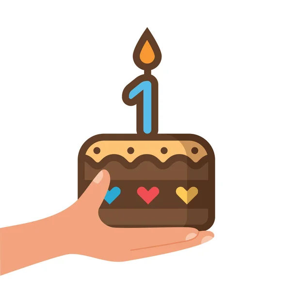 Hand Holding Birthday Cake Candle Number One Year Old Vector — Stockvector