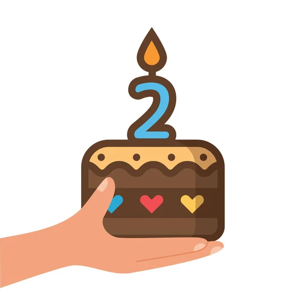 Hand Holding Birthday Cake Candle Number Two Year Old Vector — Stockvector