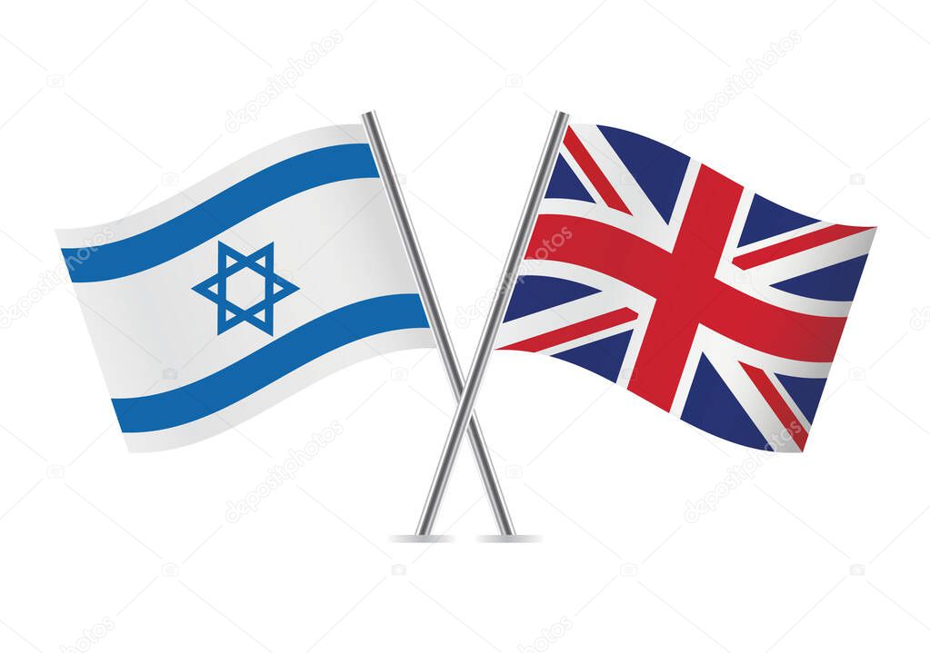 Israel and Britain crossed flags. Israeli and British flags on white background. Vector icon set. Vector illustration.