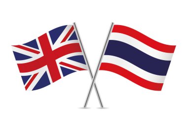 İngiltere ve Tayland bayrakları aştı. Beyaz arka planda İngiliz ve Tayland bayrakları. Vektör simgesi ayarlandı. Vektör illüstrasyonu.