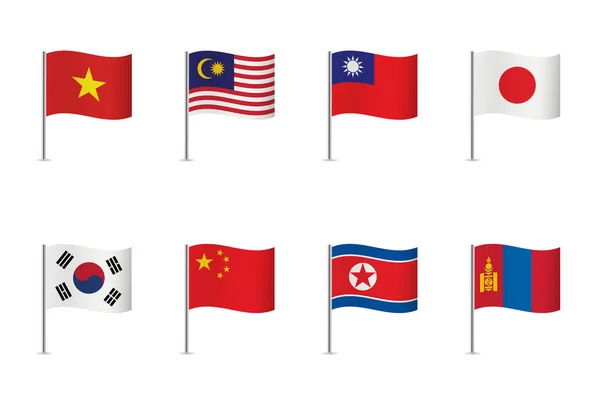 East Asia Flags Set Vietnam Malaysia Taiwan Japan South Korea Vettoriale Stock