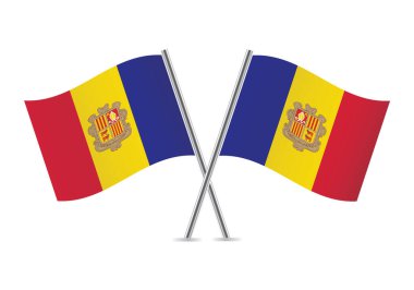 Andorra bayrakları. Beyaz arka planda Andorran bayrakları. Vektör illüstrasyonu.