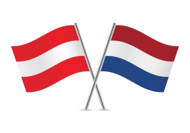 Avusturya ve Hollanda bayrakları aştı. Beyaz arka planda Avusturya ve Hollanda bayrakları. Vektör simgesi ayarlandı. Vektör illüstrasyonu.