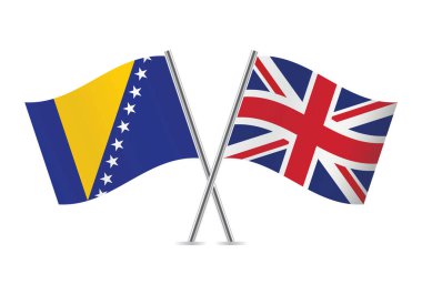 Bosnia and Herzegovina and Britain crossed flags. Bosnian Herzegovinian and British flags on white background. Vector icon set. Vector illustration.