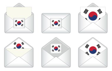 South Korean flag in the envelope. South Korean stamp flag. Opened, closed South Korean letter, isolated on white background.