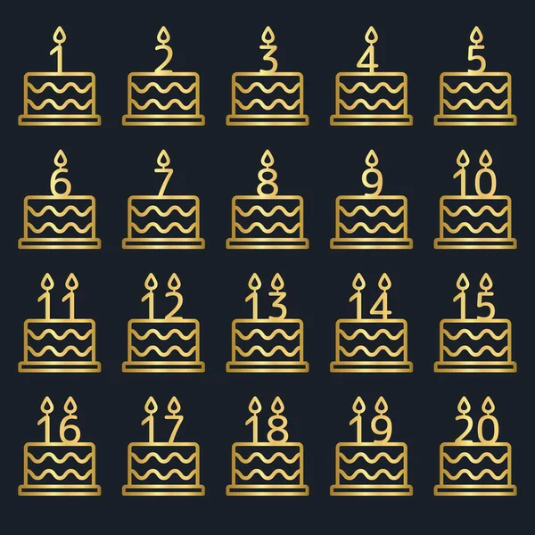 Set Golden Birthday Cake Icons Candle Numbers Dark Background — Image vectorielle