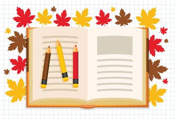 Autumn Background Autumn Yellow Orange Brown Maple Leaves Open Book — Vettoriale Stock