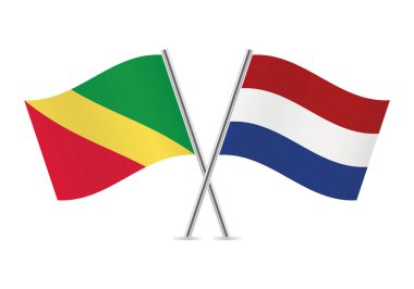 The Republic of the Congo and the Netherlands crossed flags. The Congo Republic and Netherlandish flags are on white background. Vector icon set. Vector illustration.