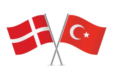 Danimarka ve Türkiye bayrakları aştı. Beyaz arka planda Danimarka ve Türk bayrakları. Vektör simgesi ayarlandı. Vektör illüstrasyonu.