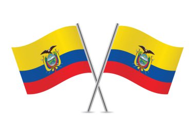 Ekvador bayrakları çaprazladı. Beyaz arka planda Ekvador bayrakları. Ekvador bayrakları. Vektör simgesi ayarlandı. Vektör illüstrasyonu.