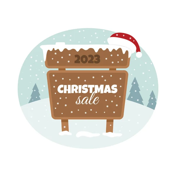 Wooden Signboard Christmas Sale Text Santa Claus Hat Christmas Announcement — Stock Vector