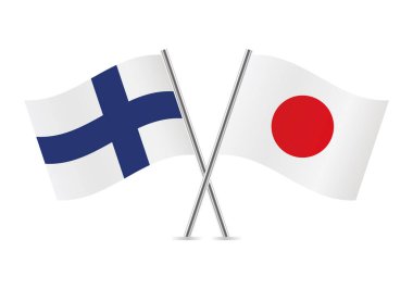 Finlandiya ve Japonya bayrakları aştı. Beyaz arka planda Fin ve Japon bayrakları. Vektör simgesi ayarlandı. Vektör illüstrasyonu. 