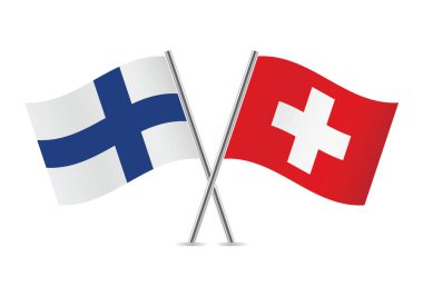 Finlandiya ve İsviçre bayrakları aştı. Beyaz arka planda Fin ve İsviçre bayrakları. Vektör simgesi ayarlandı. Vektör illüstrasyonu. 