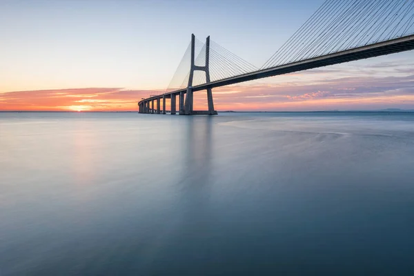 Background Colourful Sunrise Lisbon Bridge Vasco Gama Bridge Landmark One — Stock Photo, Image