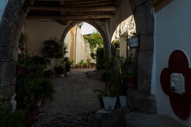 Eski Castelo de Vide kasabasındaki ortaçağ sokağı. Portekiz.