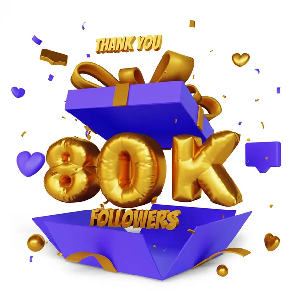 Thank You 80K Followers Render Open Gift Box Congratulation Concept — Stock Photo, Image