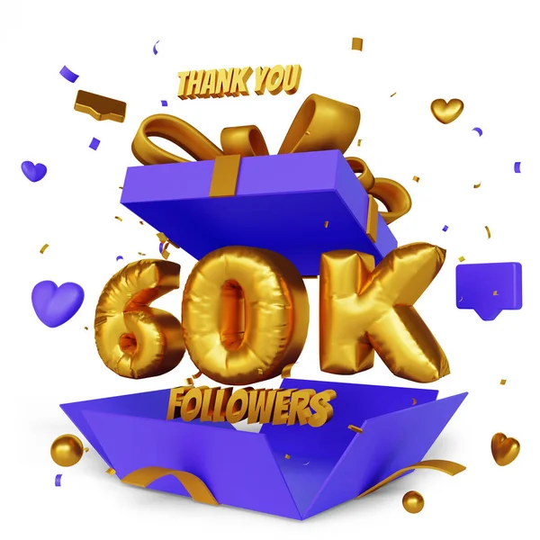 Thank You 60K Followers Render Open Gift Box Congratulation Concept — Stock Photo, Image